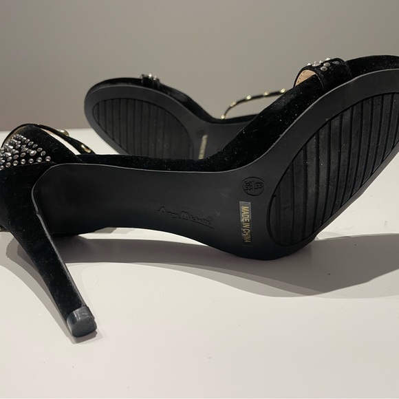 Black Vegan Suede Heeled Sandals with Rhinestone Detail - Picture 9 of 9